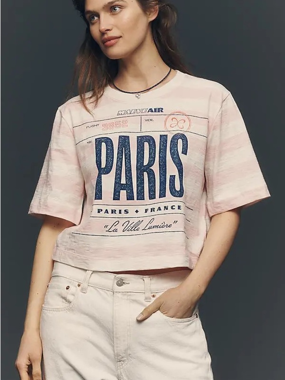 Anthropologie Pink Striped PARIS Graphic Cropped Tee